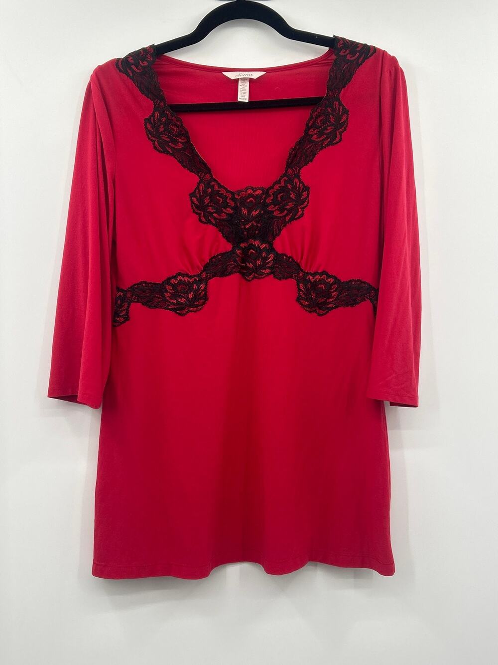 Soma Red & Black Lace Trim Stretch Top Women’s Medium 3/4 Sleeve Soft Romantic